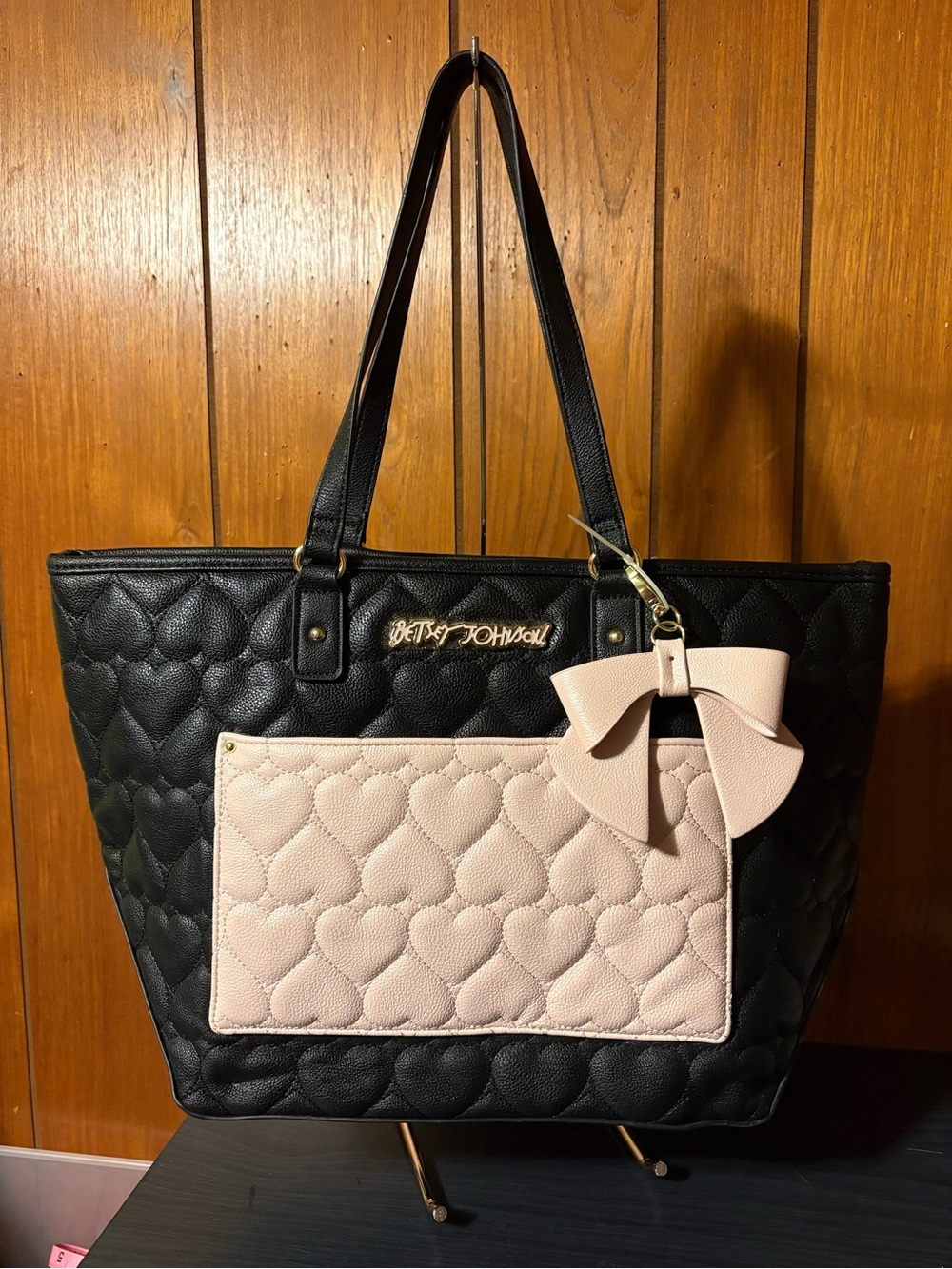 Betsey Johnson Black Tote with Pink Heart Pocket and Bow Charm